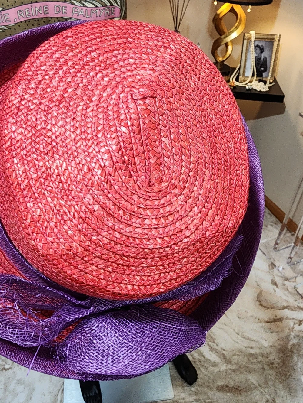 Vintage Red Straw Hat with Purple Rosette and Brim